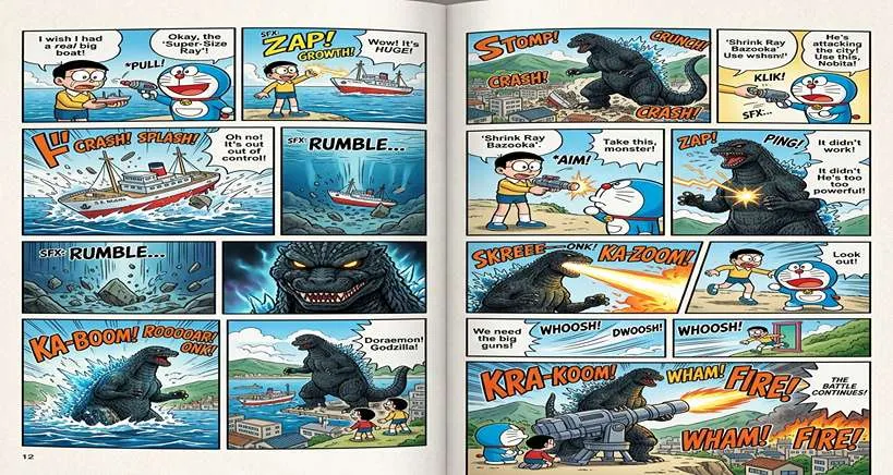 Full-color manga spread with robot character