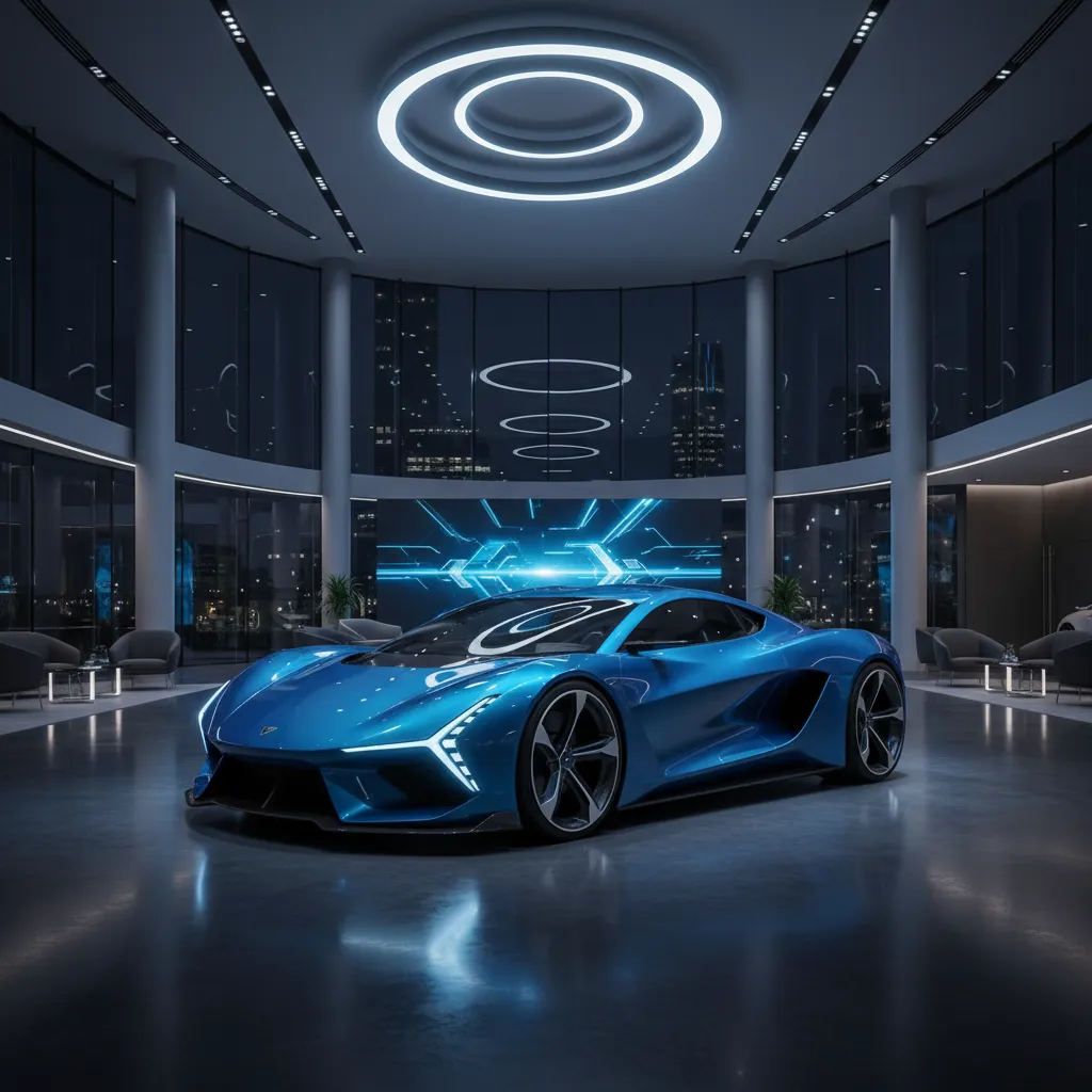 Blue sports car in futuristic showroom