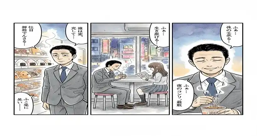 B&W manga panel with salaryman and bubbles